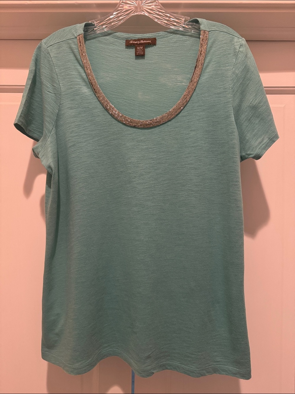 "Tommy Bahama Mint/Aqua Slub Knit Tee Sequin Beaded Neckline M